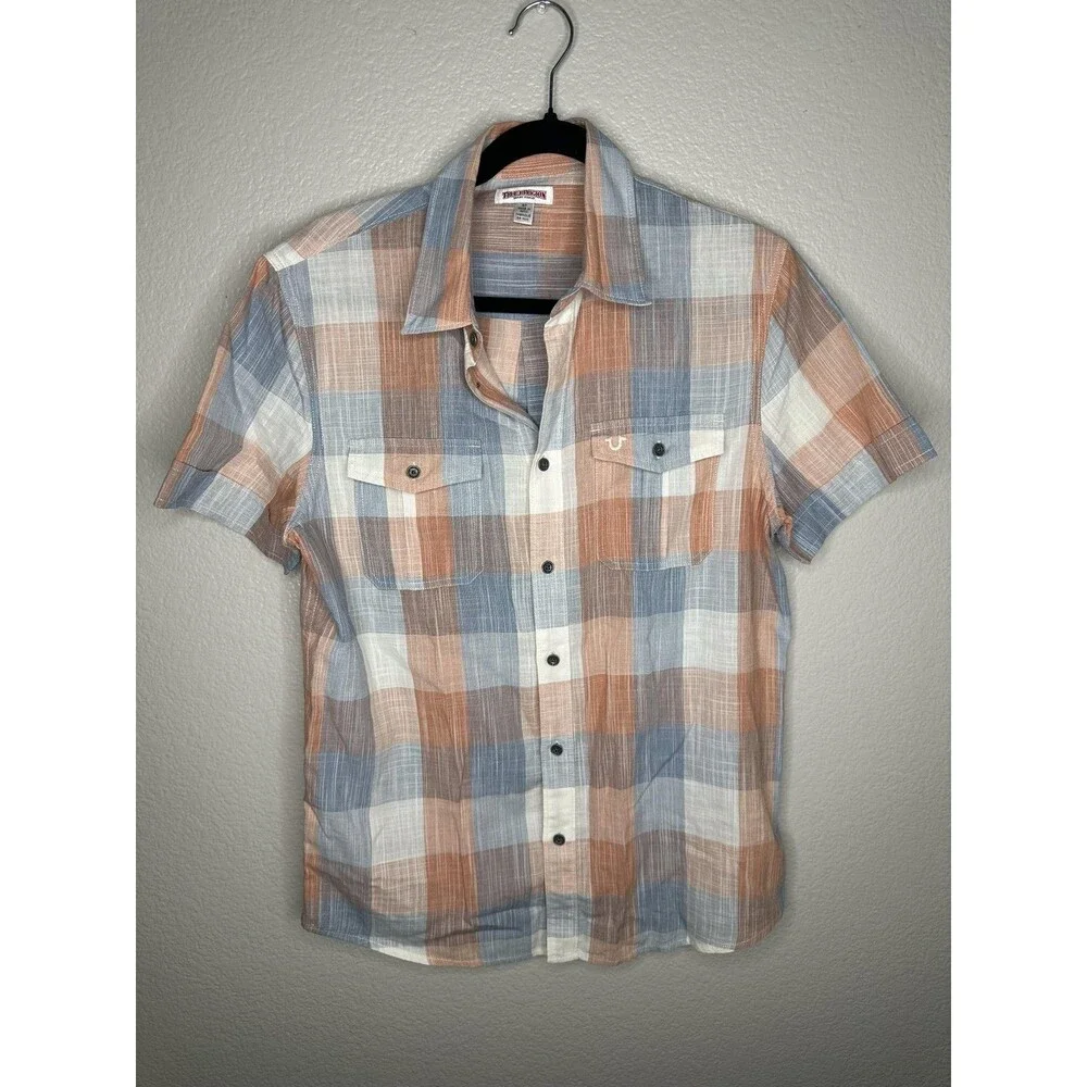 True Religion Shirt Mens Small Multicolor Plaid Short Sleeve Button Up Casual
